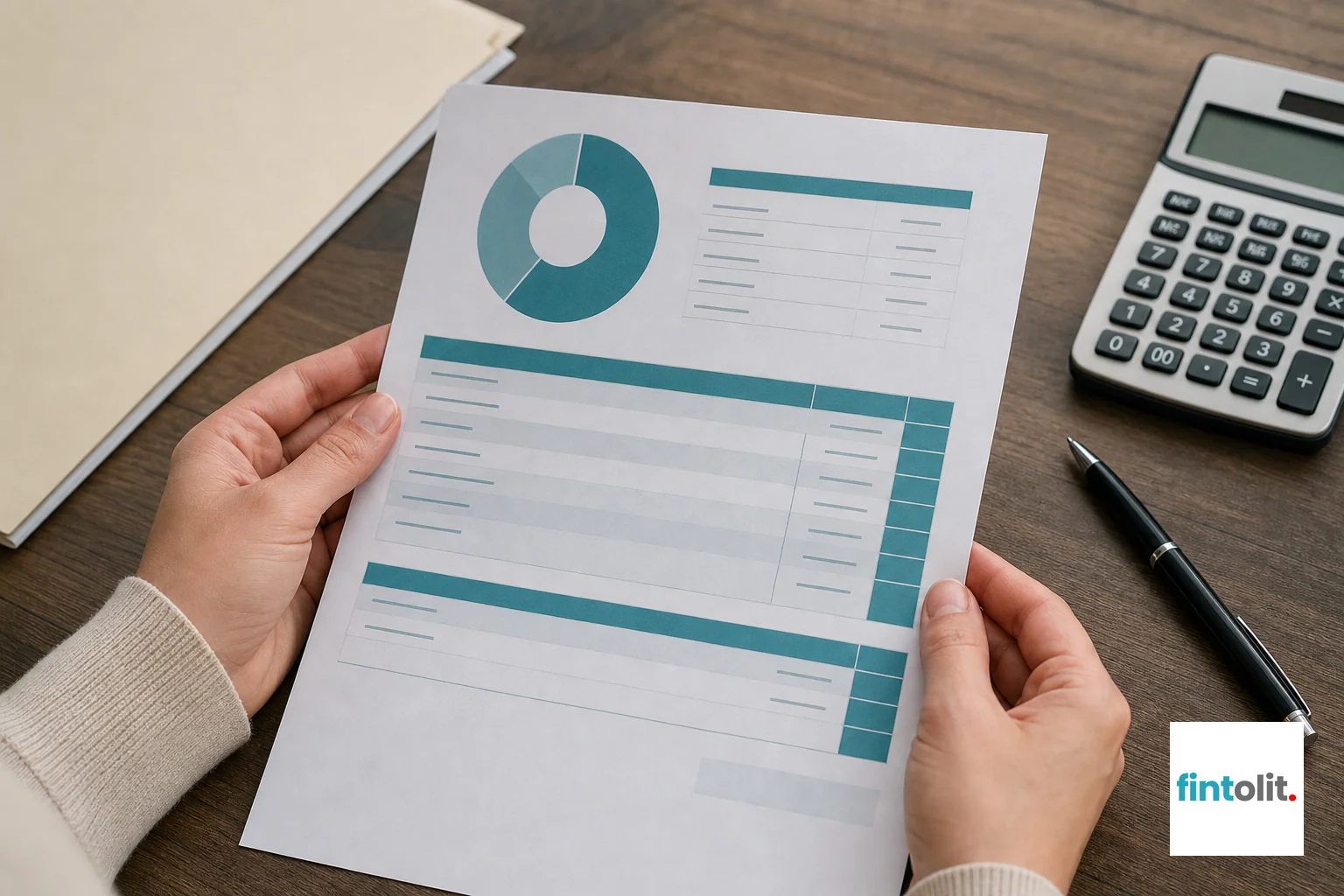 Close-up of a hand reviewing a fee breakdown or invoice with a calculator, symbolizing budgeting for legal costs. photorealistic, close-up overhead shot of hands holding a printed fee breakdown sheet next to a calculator and pen on a wooden