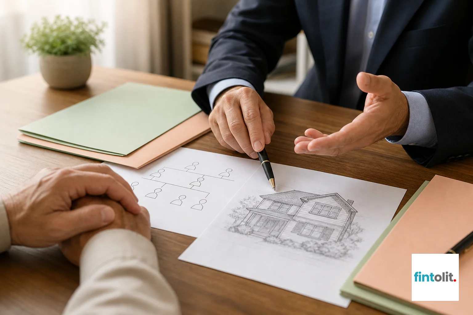 Photorealistic image of a case manager or lawyer explaining a property inheritance case using a printed family tree or property papers. Photorealistic close-up photo of hands pointing at a printed property document and a hand-drawn family