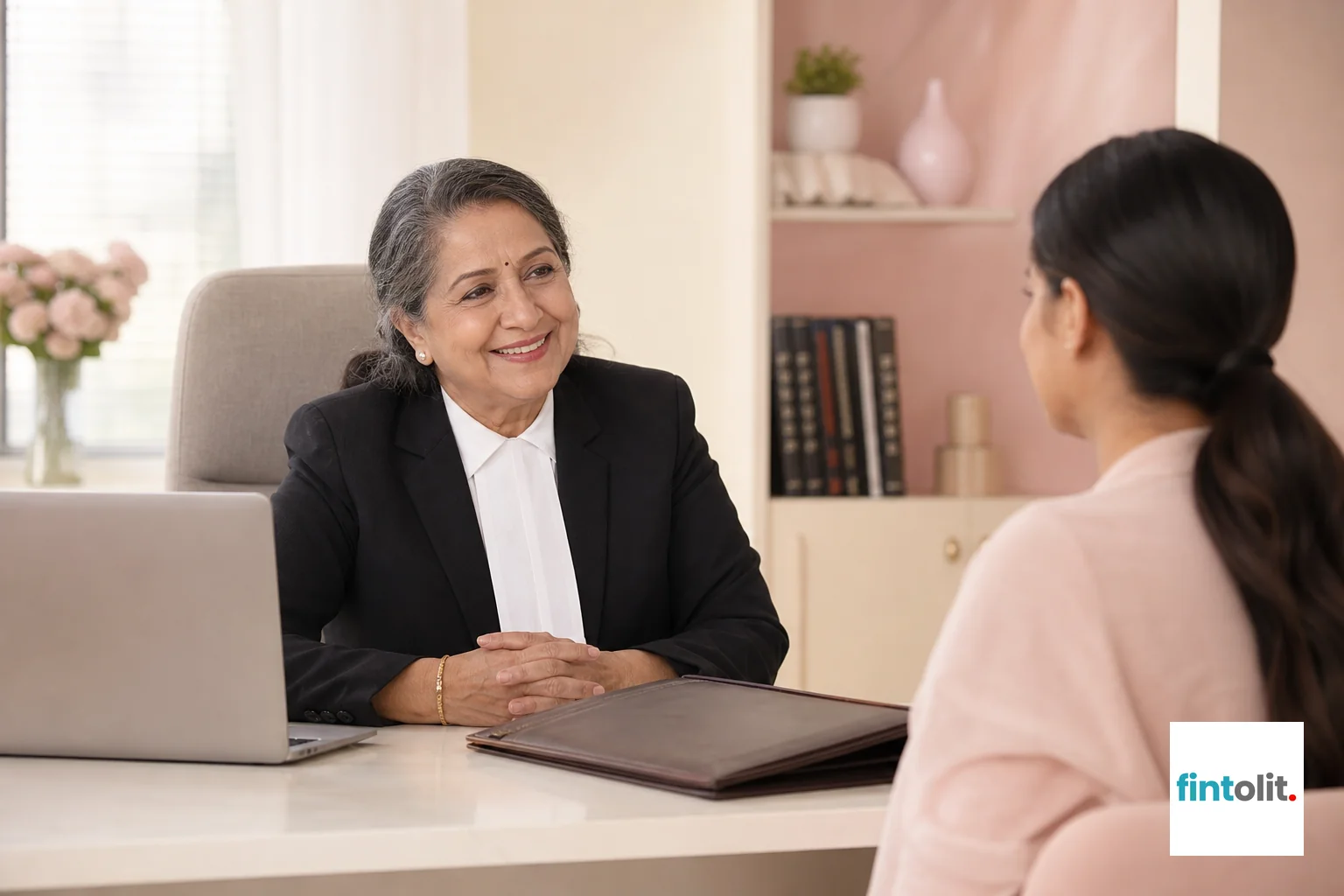 photorealistic, split-feel single composition showing a senior Indian woman lawyer in professional attire consulting warmly with a client in a bright office with soft pastel decor in blush pink (#F5DCE7) and cream (#FDF6EC), reassuring