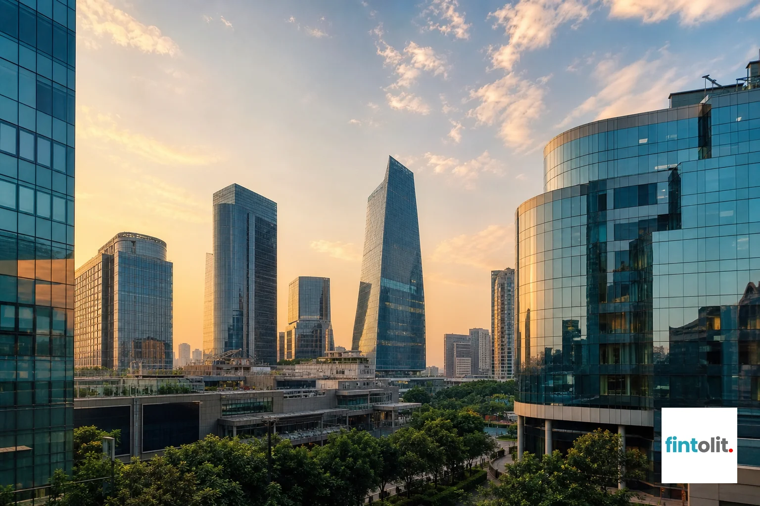 Modern Gurugram or Delhi NCR office skyline representing the startup business district. Photorealistic photo of a modern Gurugram office skyline during golden hour, glass corporate towers reflecting soft orange and blue sky, wide shot, calm