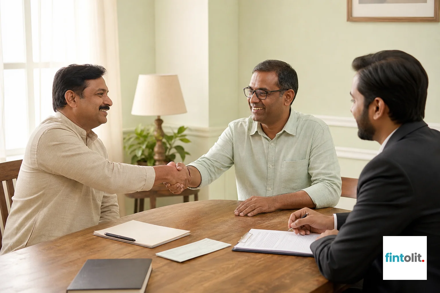 Two people shaking hands across a table with a lawyer present, symbolizing settlement. Photorealistic photo of two Indian men shaking hands across a wooden table in a bright consultation room, a lawyer in formal attire seated nearby with