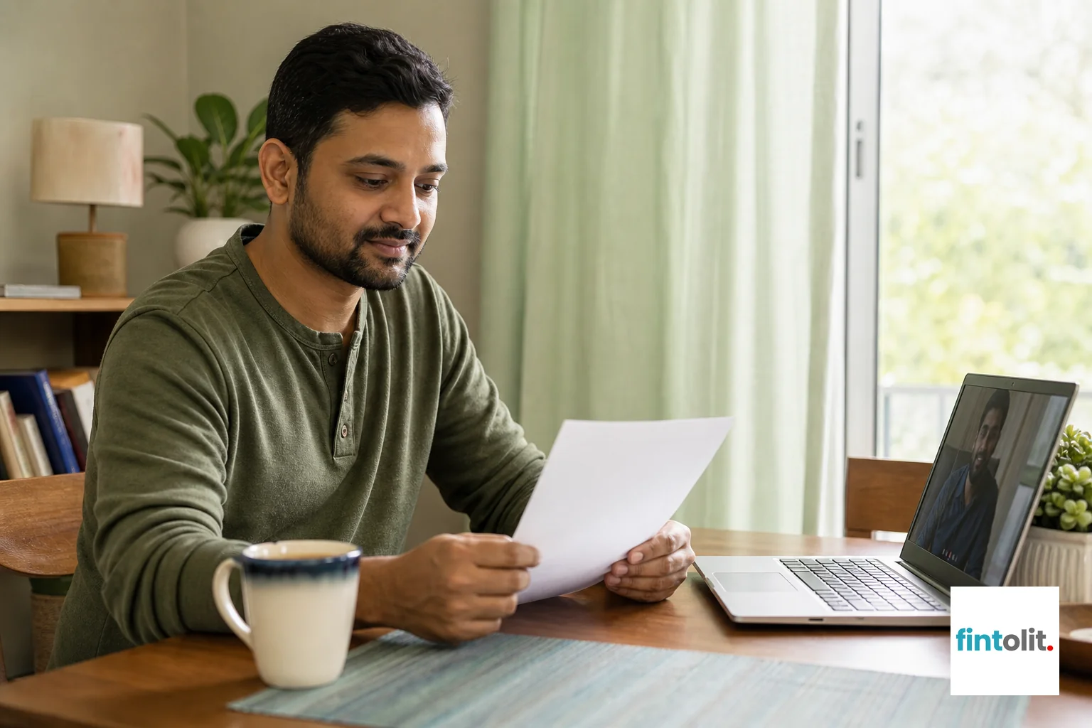 Photorealistic photograph of an Indian man in his 30s sitting at a home dining table, calmly reading a printed legal document, with a laptop open beside him showing a video call, morning light through a window, soft green (#DCE8D5) curtains