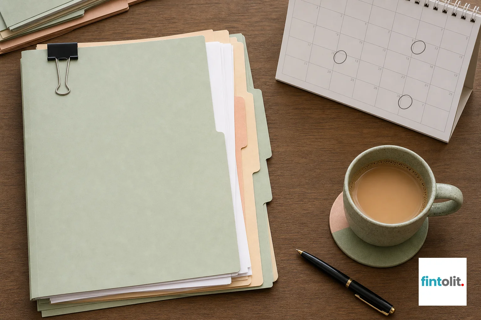 Close-up of a case file and calendar showing hearing dates, symbolizing timeline tracking. Photorealistic close-up shot of a legal case file with tabbed dividers, a desk calendar marked with circled dates, a pen, and a cup of chai on a