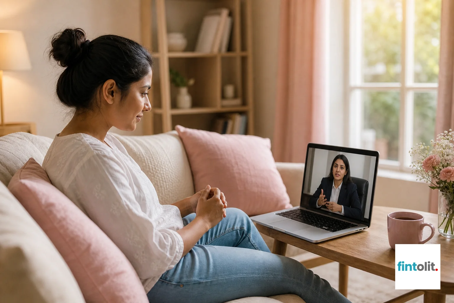 A person video-calling a lawyer from home, representing online consultation choice across cities. Photorealistic image of a young Indian woman sitting comfortably on a sofa at home, having a video consultation on a laptop with a lawyer
