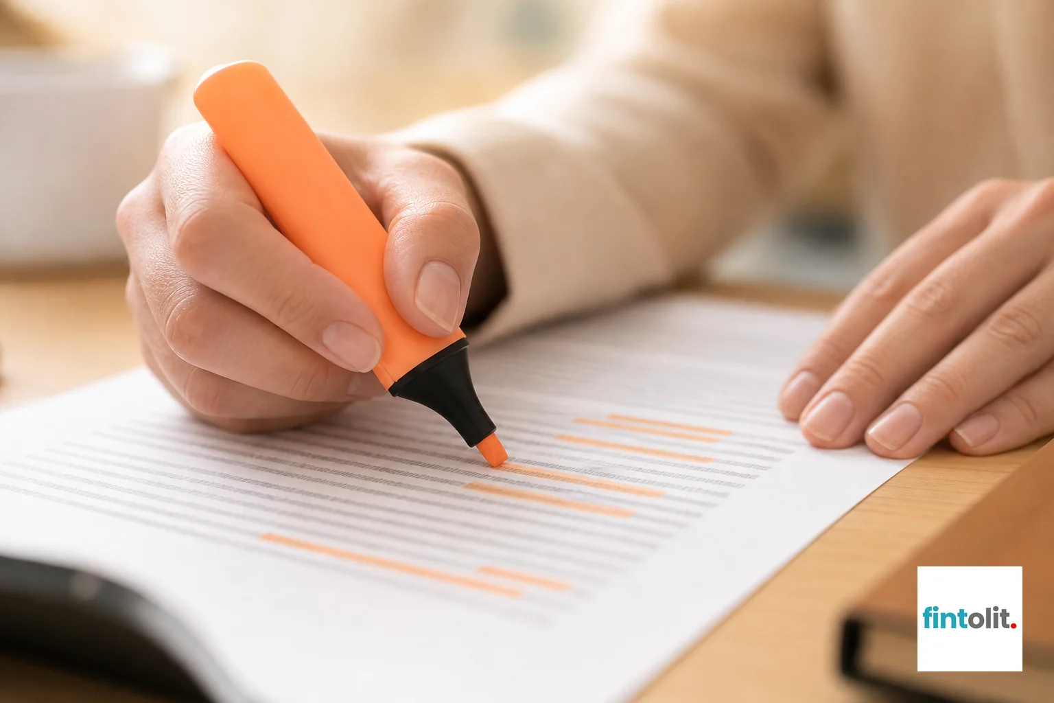 Close-up of hands highlighting clauses in a legal document with a pen. Photorealistic close-up photo of hands holding a highlighter pen marking clauses on a printed contract page, warm cream and peach tones (#FDF6EC, #F7D9C4) in the