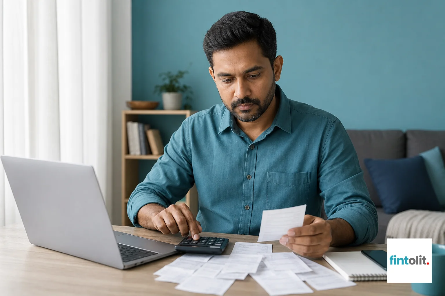 Person calculating final dues on a laptop with a calculator and payslips nearby. Photorealistic photo of an Indian professional at a laptop with a calculator and paper payslips spread on the table, soft blue-green tones (#AEDCE3, #3E97AA)
