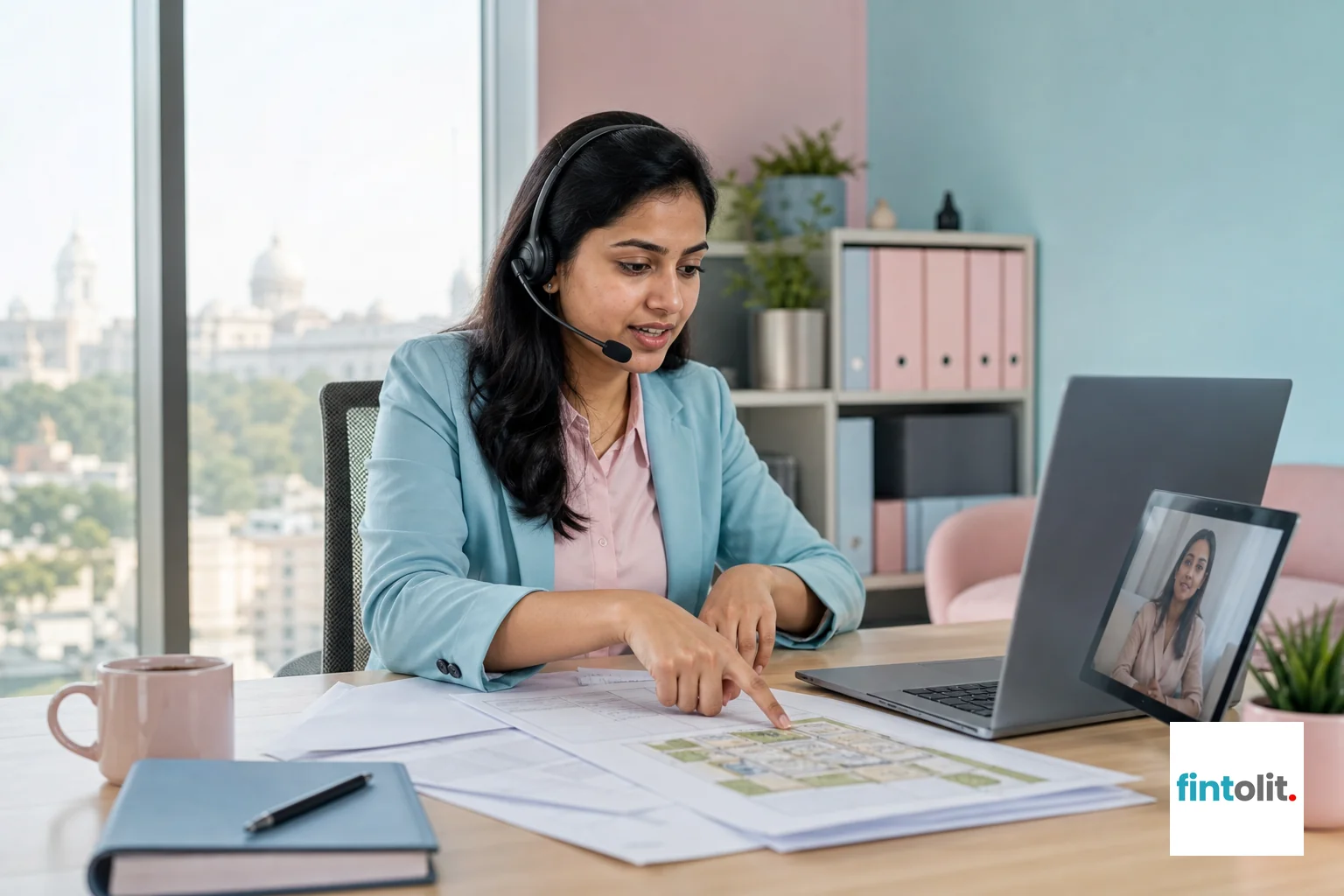 A case manager on a call coordinating with a lawyer and client, showing collaborative remote legal support. Photorealistic image: a professional Indian case manager in a modern office in Delhi, wearing business casual attire, speaking on a