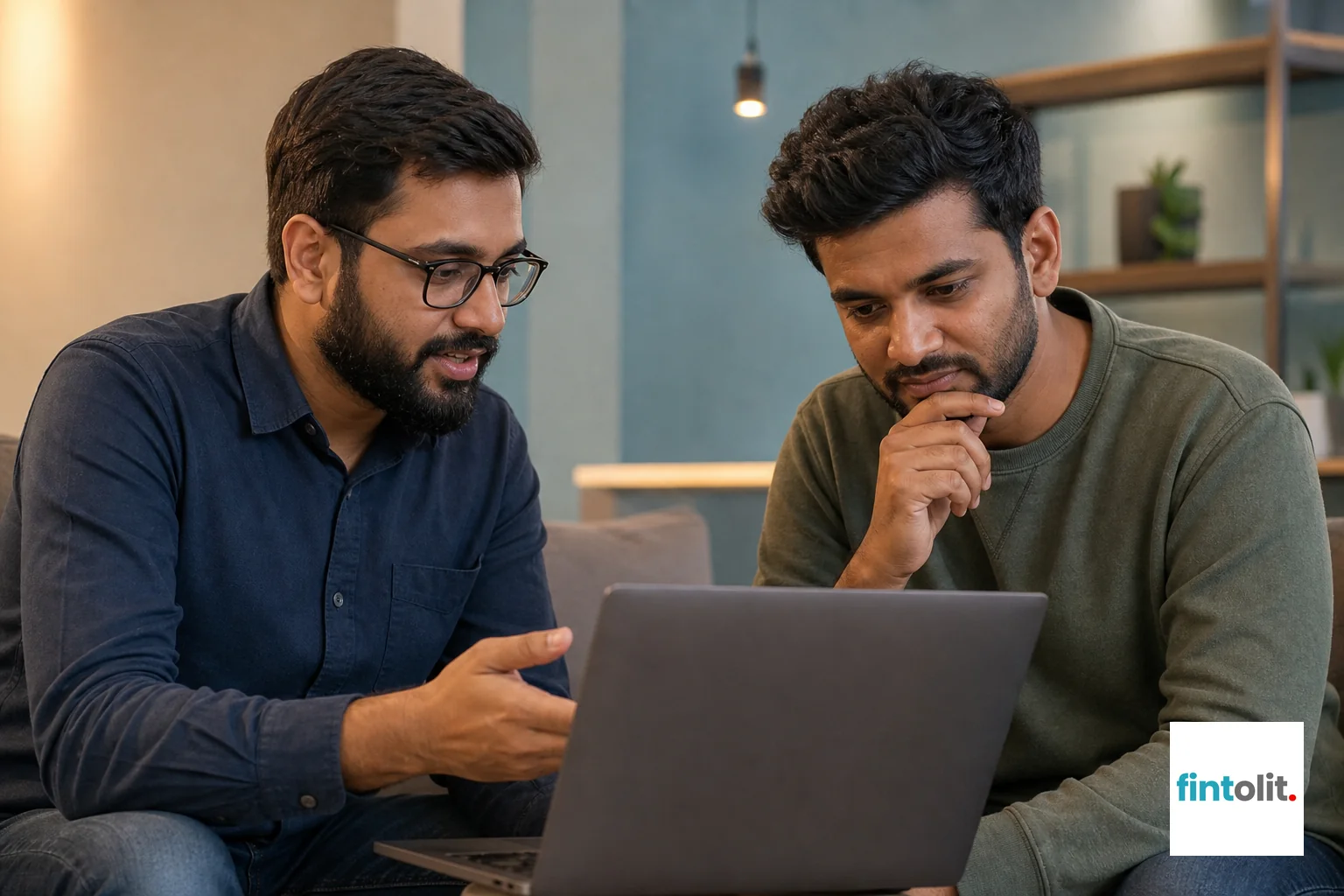 A freelance developer handing over a laptop with code to a startup founder, symbolizing IP transfer. Photorealistic photo of an Indian freelance developer showing code on a laptop screen to a startup founder in a casual meeting room, both