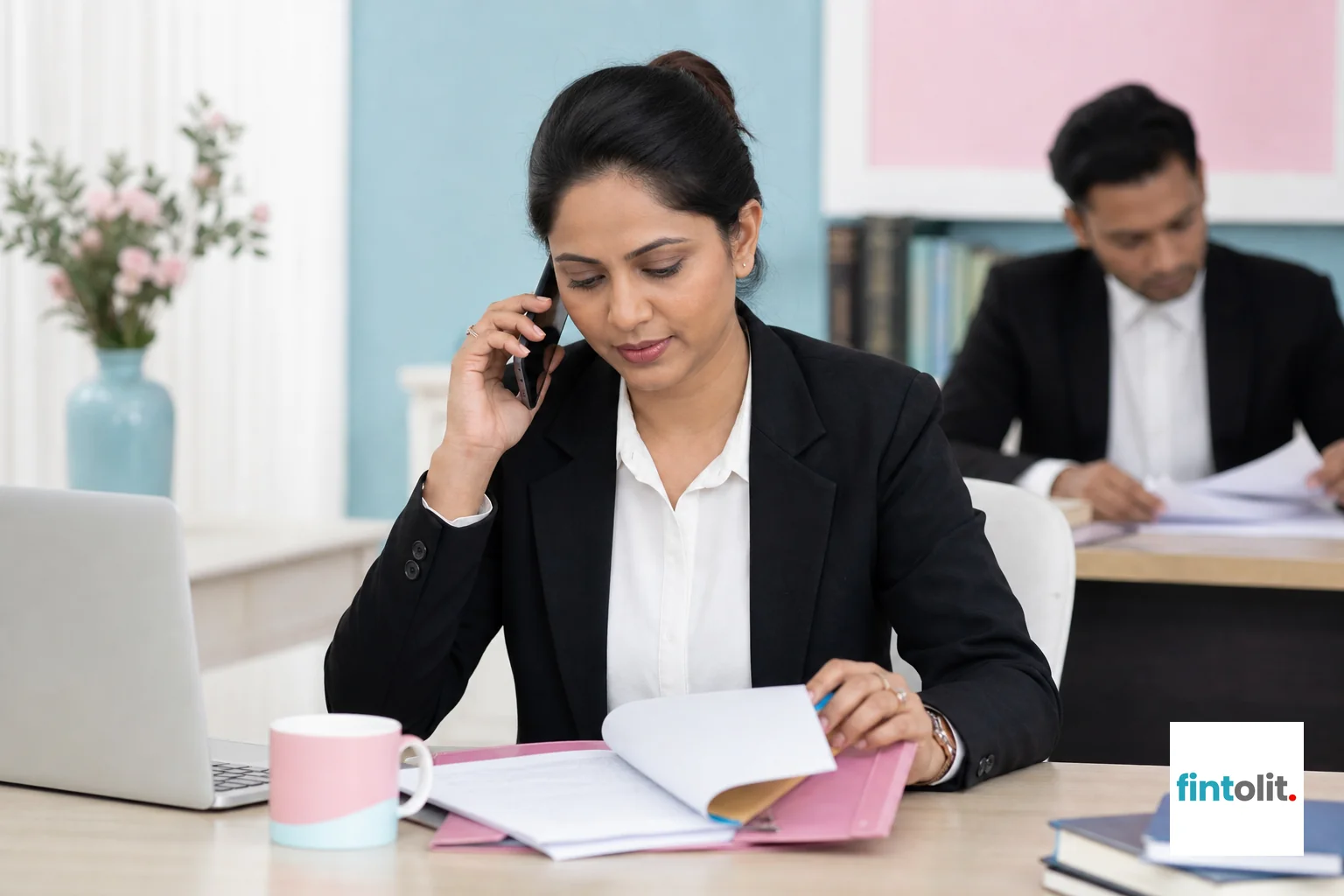 A case manager coordinating property paperwork with a lawyer in a Delhi office setting. Photorealistic photo of a professional Indian legal case manager in a modern Delhi office, on a phone call while organizing a folder of property