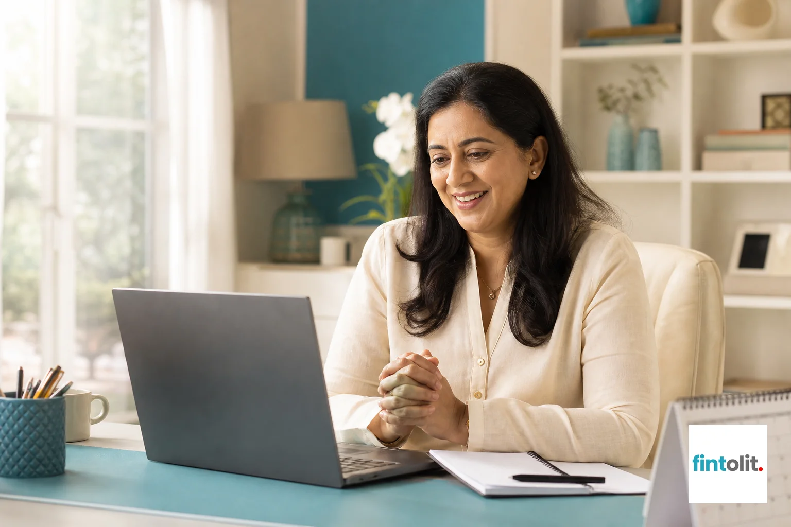 Photorealistic photo of a middle-aged Indian professional woman video calling on a laptop from an overseas home office, visible warm daylight, calendar and notepad on desk, teal (#3E97AA) and cream (#FDF6EC) color accents in the room