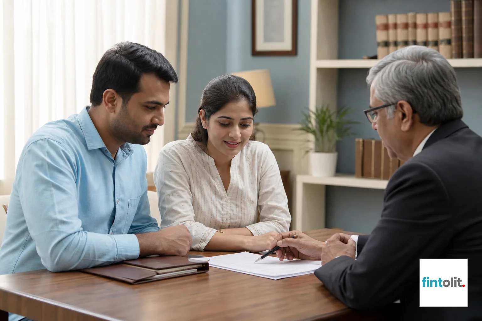 A calm couple sitting across a table from a lawyer discussing documents. Photorealistic photo of an Indian couple in their 30s sitting at a wooden table across from a senior lawyer, reviewing legal documents together in a warm, softly lit