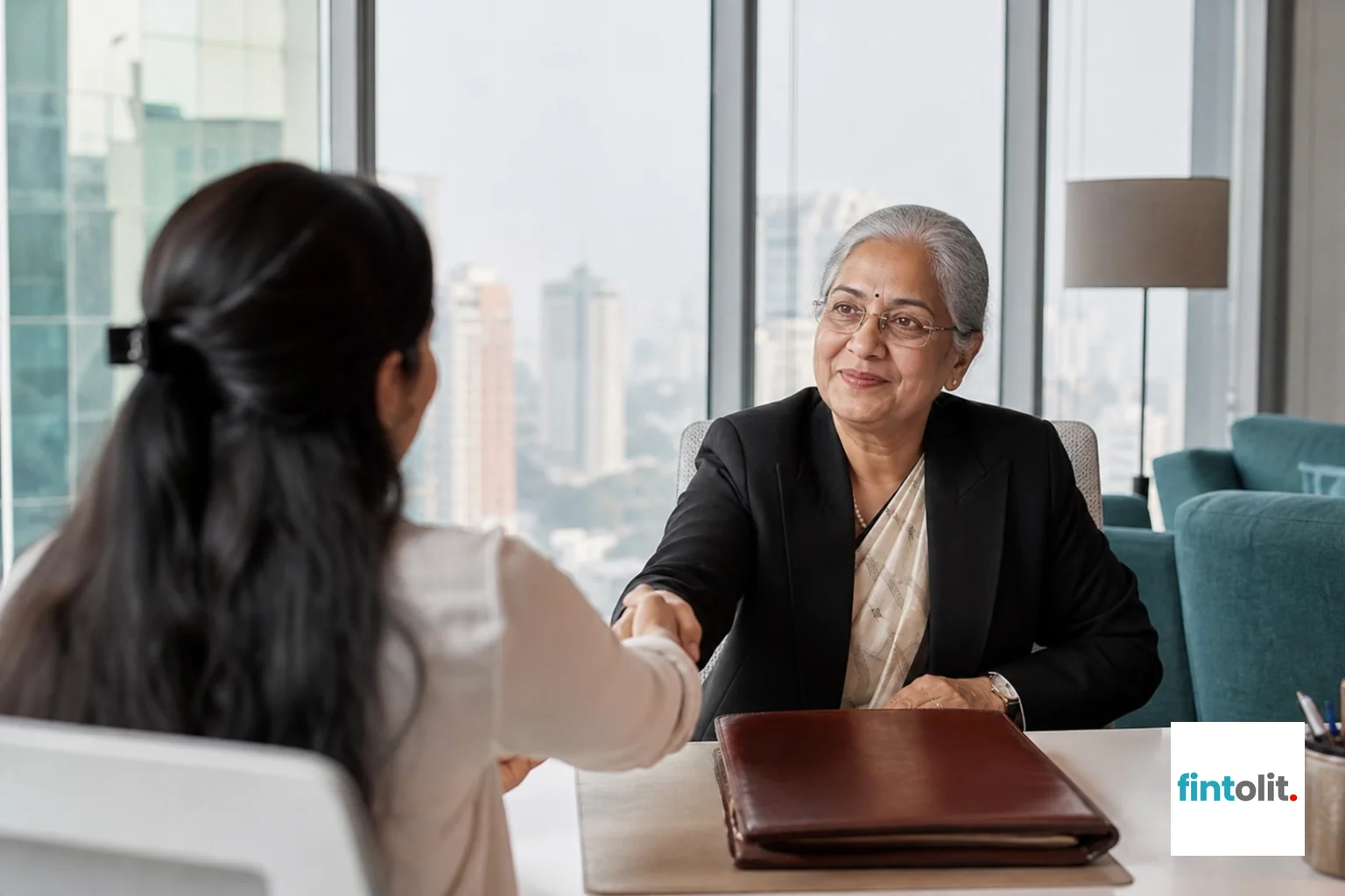 A senior lawyer meeting a client in a professional office setting in Delhi. Photorealistic photo of a senior Indian female lawyer in professional attire shaking hands with a client in a bright modern Delhi office, glass windows showing city