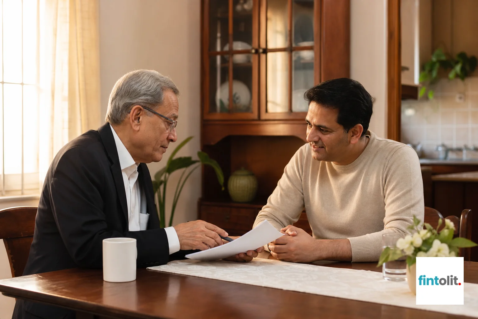 A senior lawyer helping a client draft and review a legal demand notice at the client's home. Lawyer at Home style: Photograph a senior lawyer seated at a client's dining table in their home, reviewing a drafted legal notice document