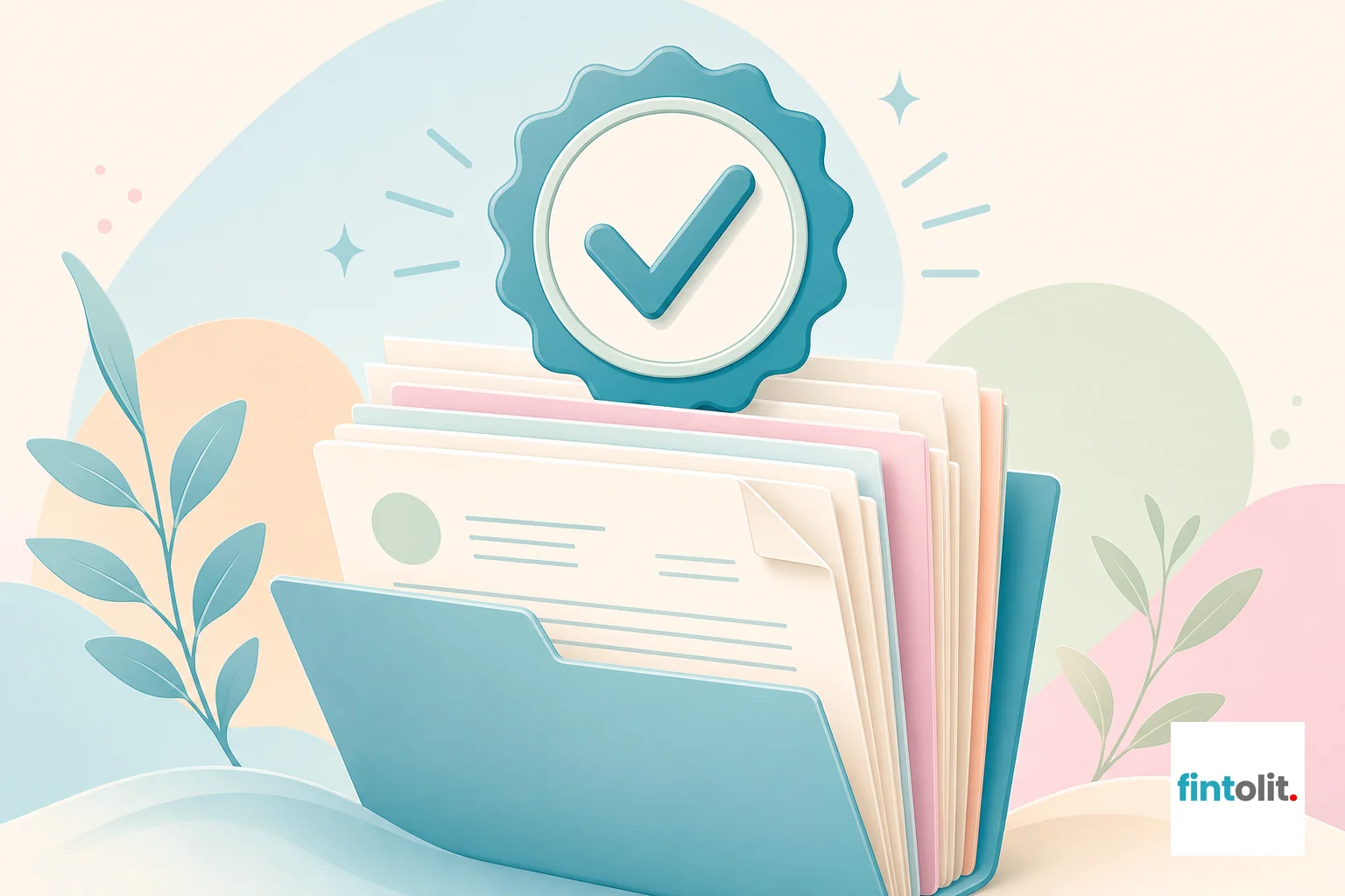 Verified Trust Seal style: Illustrate a professional badge or checkmark symbol emerging from an open document folder full of neatly stacked papers. The style is modern and minimal, with clean lines. Include subtle detail suggesting