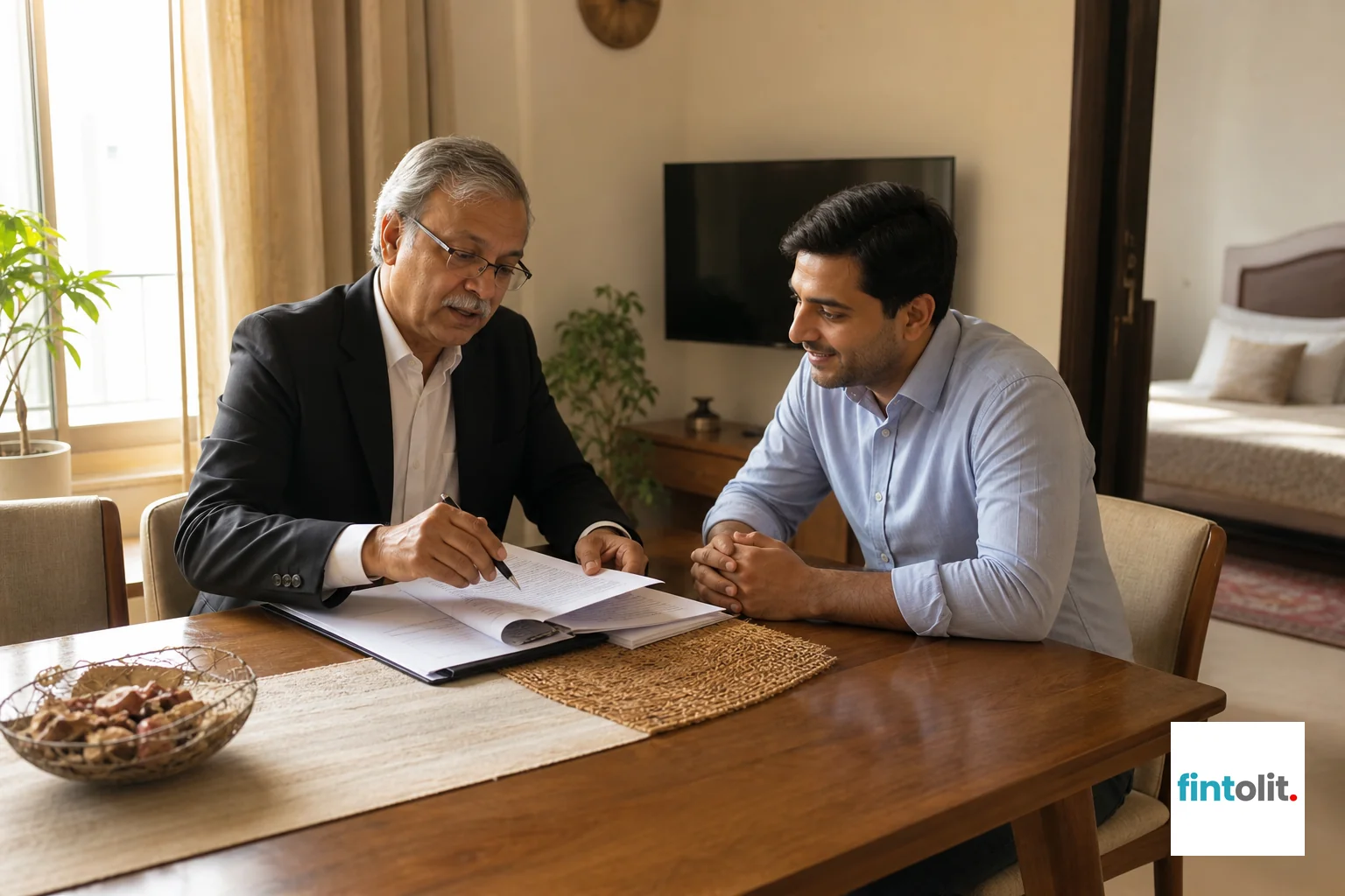 Lawyer visiting client's home to review resale society documents. Lawyer at Home style: Photograph a senior lawyer seated at a client's dining table in a Gurugram apartment, reviewing resale flat documents and society NOC papers together.