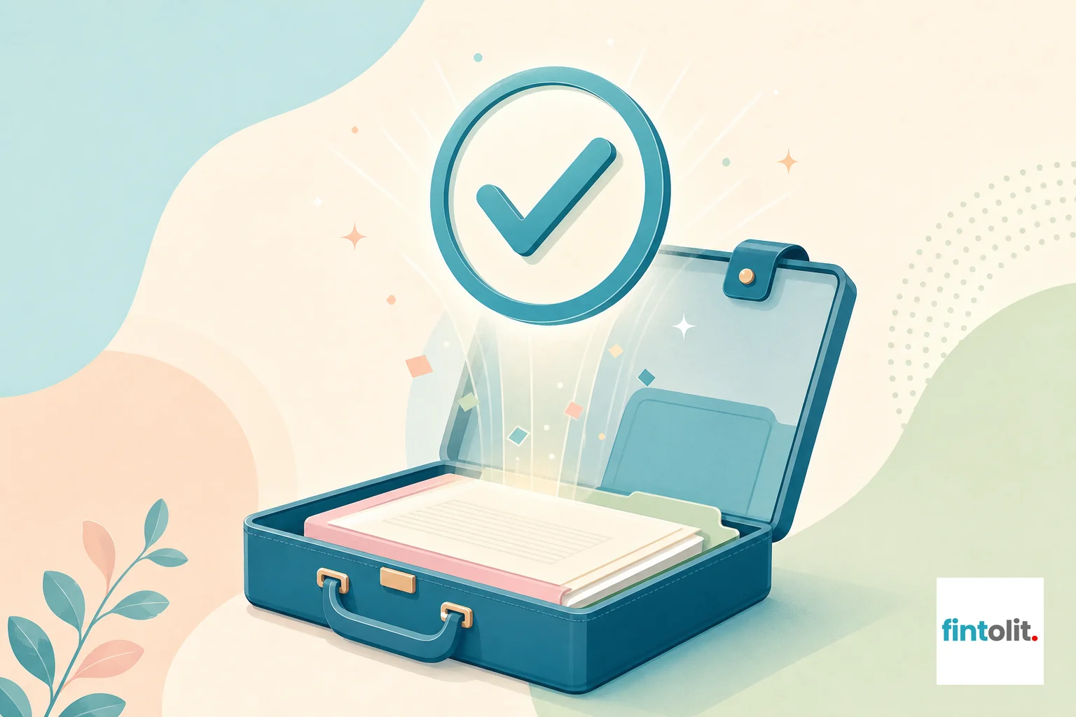 Illustrate a professional badge or checkmark symbol emerging from or floating above an open briefcase or document folder. The style is modern and minimal, with clean lines. Include subtle detail suggesting verification or approval, but