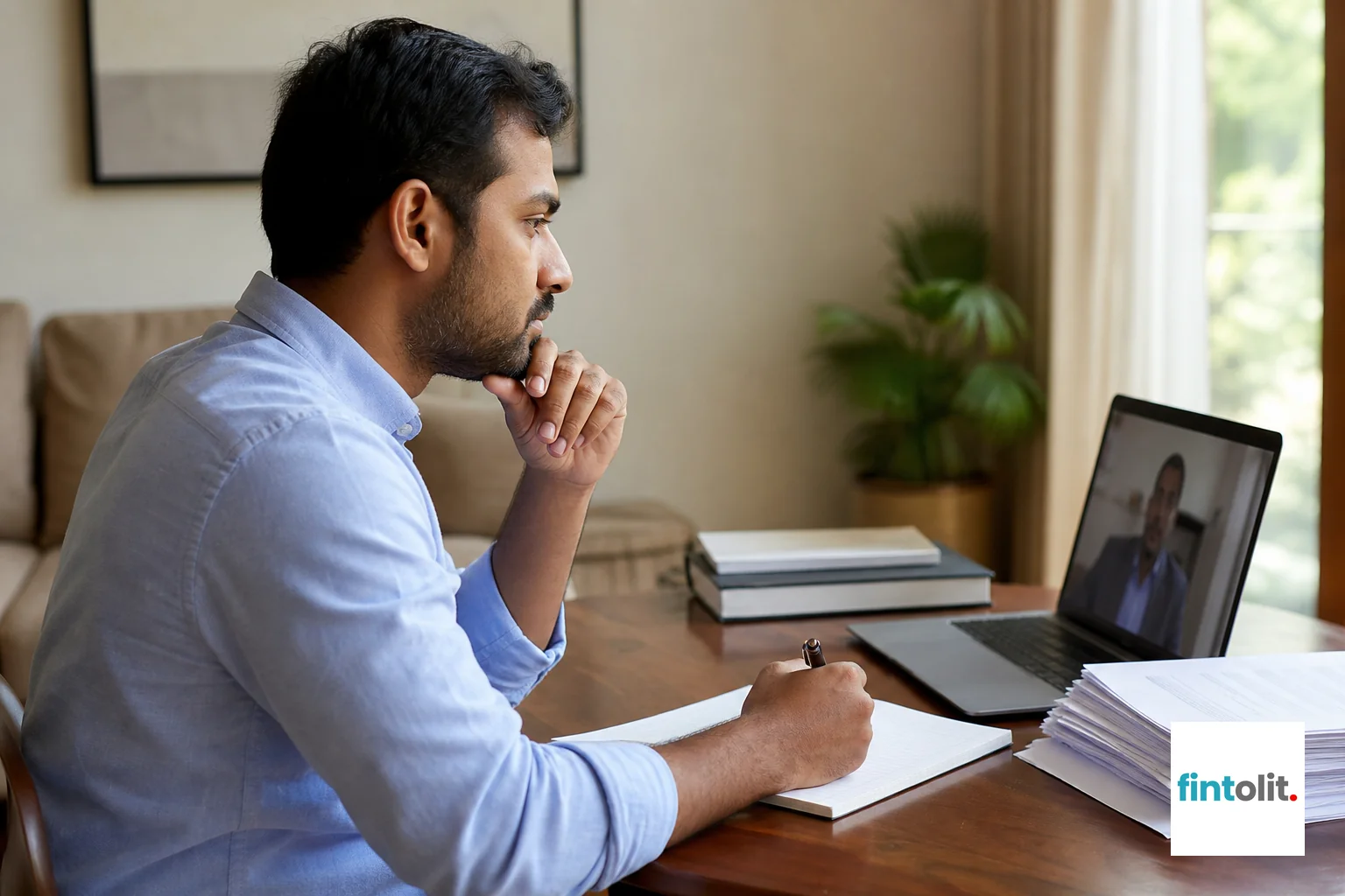 Client on a video consultation about a family law matter from home in Delhi NCR. Client in Consultation style: Photograph a person of Indian appearance sitting in a video call at home in Delhi NCR, laptop screen visible but not readable