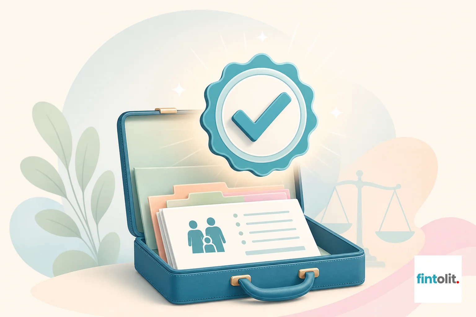 Verified trust seal illustration representing verified lawyer profiles. Verified Trust Seal style: Illustrate a professional badge or checkmark symbol emerging from or floating above an open briefcase or document folder, representing a
