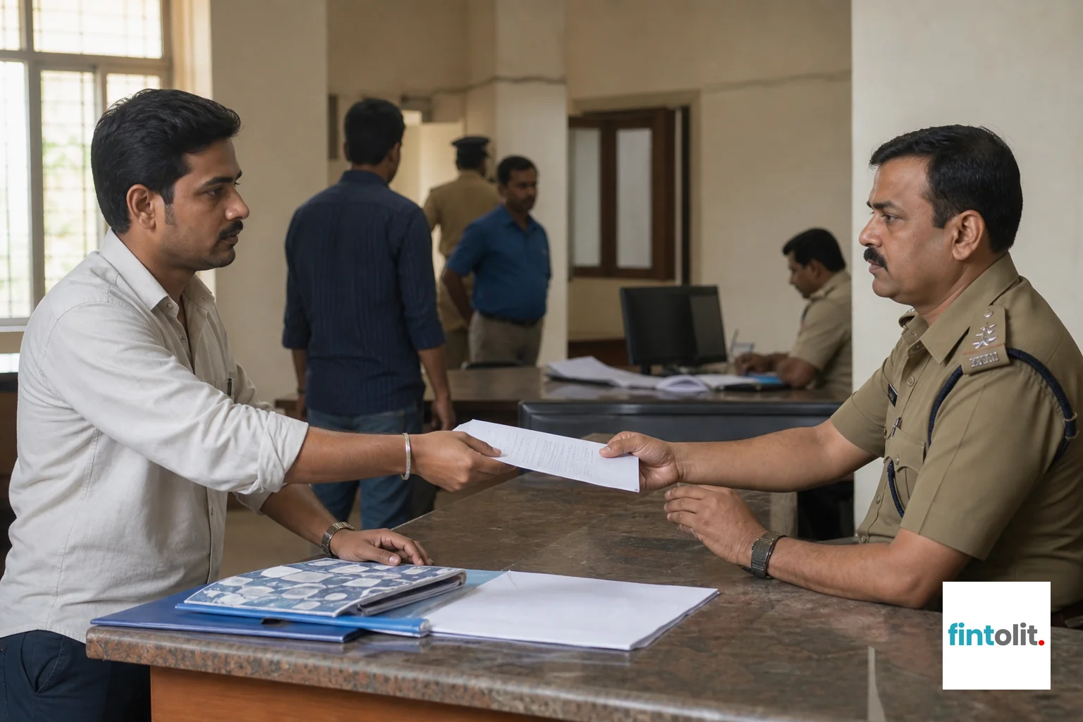 Client in Consultation style photograph, but adapted: a person of Indian appearance sitting across a police station front desk counter, handing over a written complaint to an officer, focused and serious expression, soft daylight through a