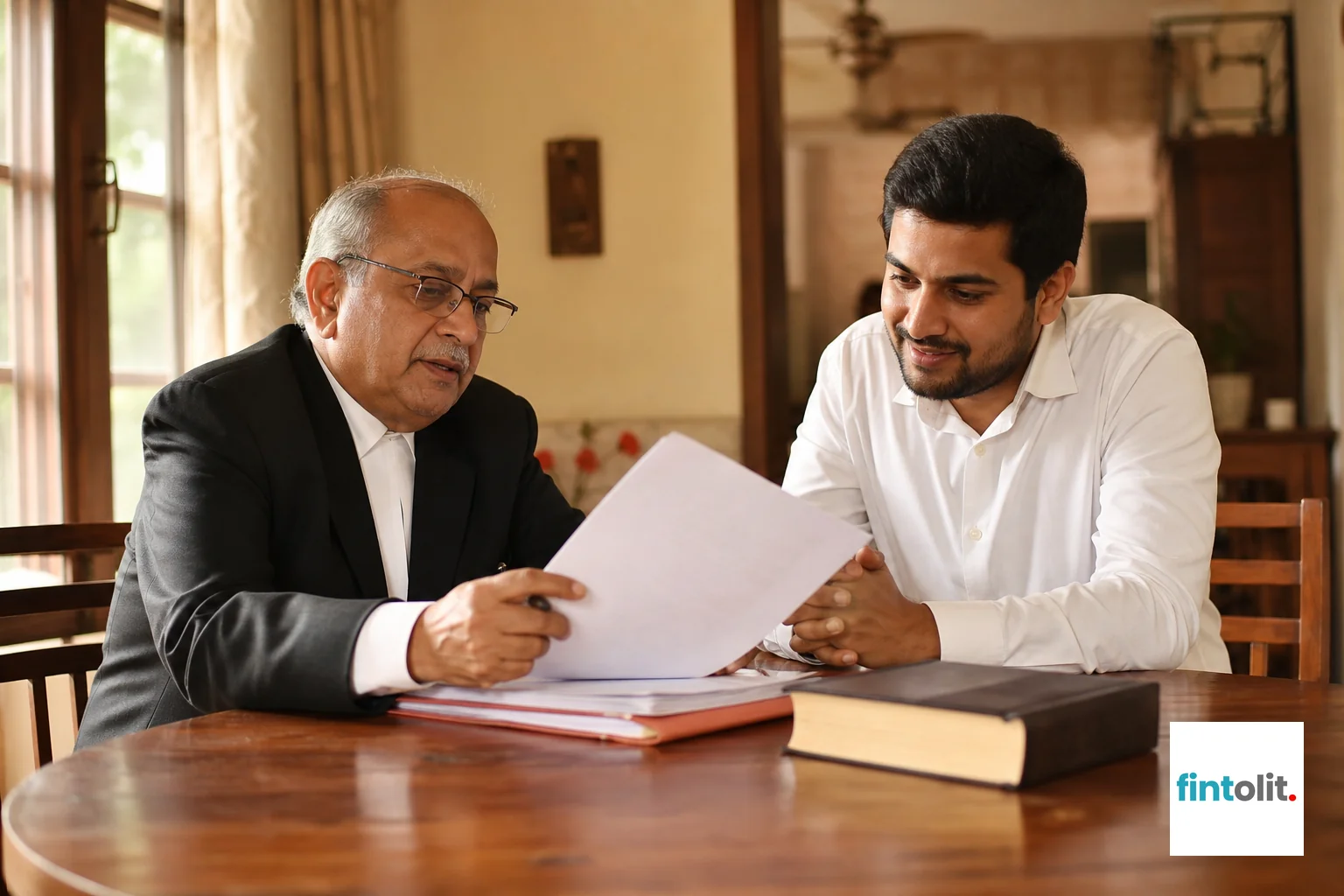 A senior lawyer helping a client at home with a legal document related to a criminal complaint. Lawyer at Home style photograph: a senior Indian lawyer seated at a client's dining table reviewing a legal complaint document together, client