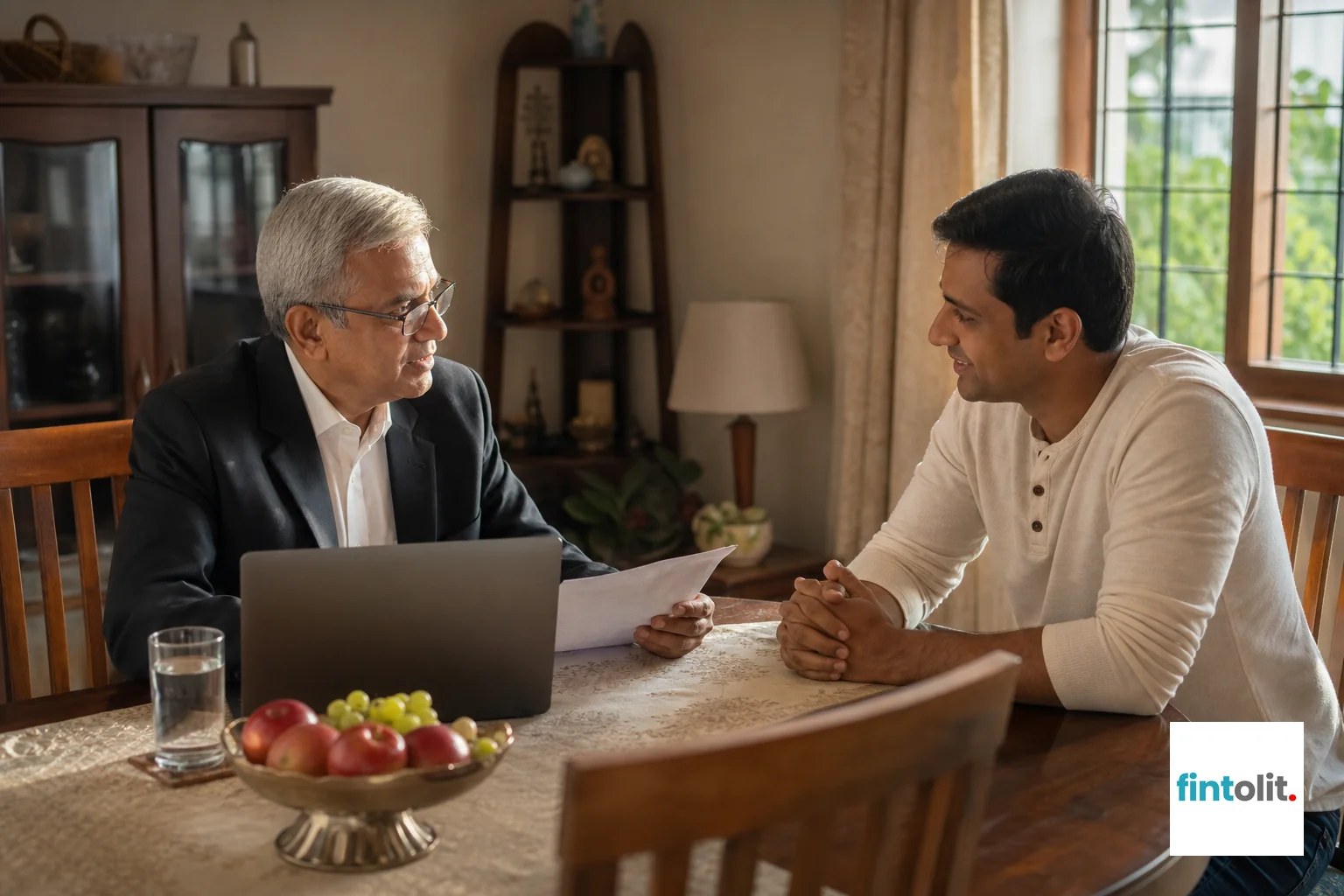 Senior lawyer helping a client at home draft a written reminder to HR about pending dues. Lawyer at Home style: Photograph a senior lawyer seated at a client's dining table in their home, reviewing an HR reminder email draft together with