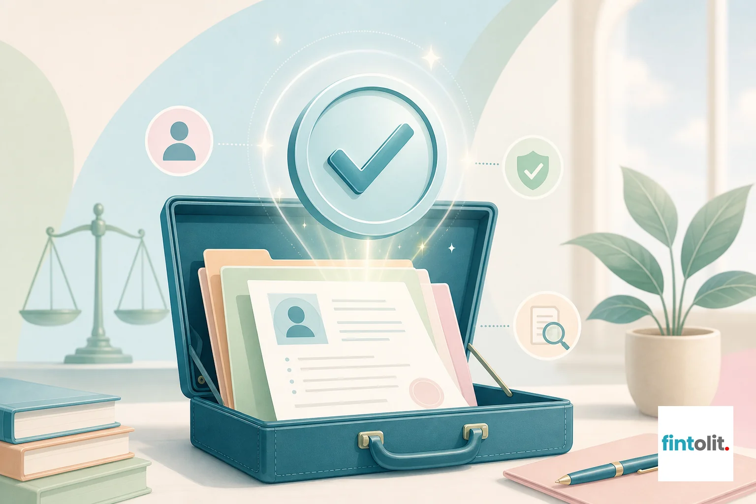 Illustration conveying verification of a lawyer's identity and credentials before payment. Illustrate a professional badge or checkmark symbol emerging from or floating above an open briefcase or document folder. The style is modern and