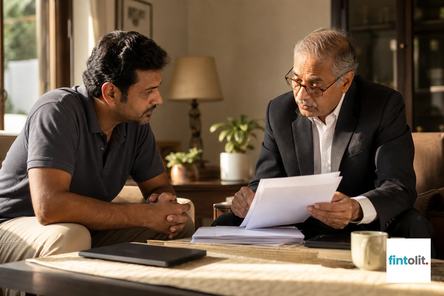 Senior lawyer at a client's home reviewing documents together, showing transparent in-person guidance. Photograph a senior lawyer seated at a client's dining table in their home, reviewing documents together. The client sits across, leaning