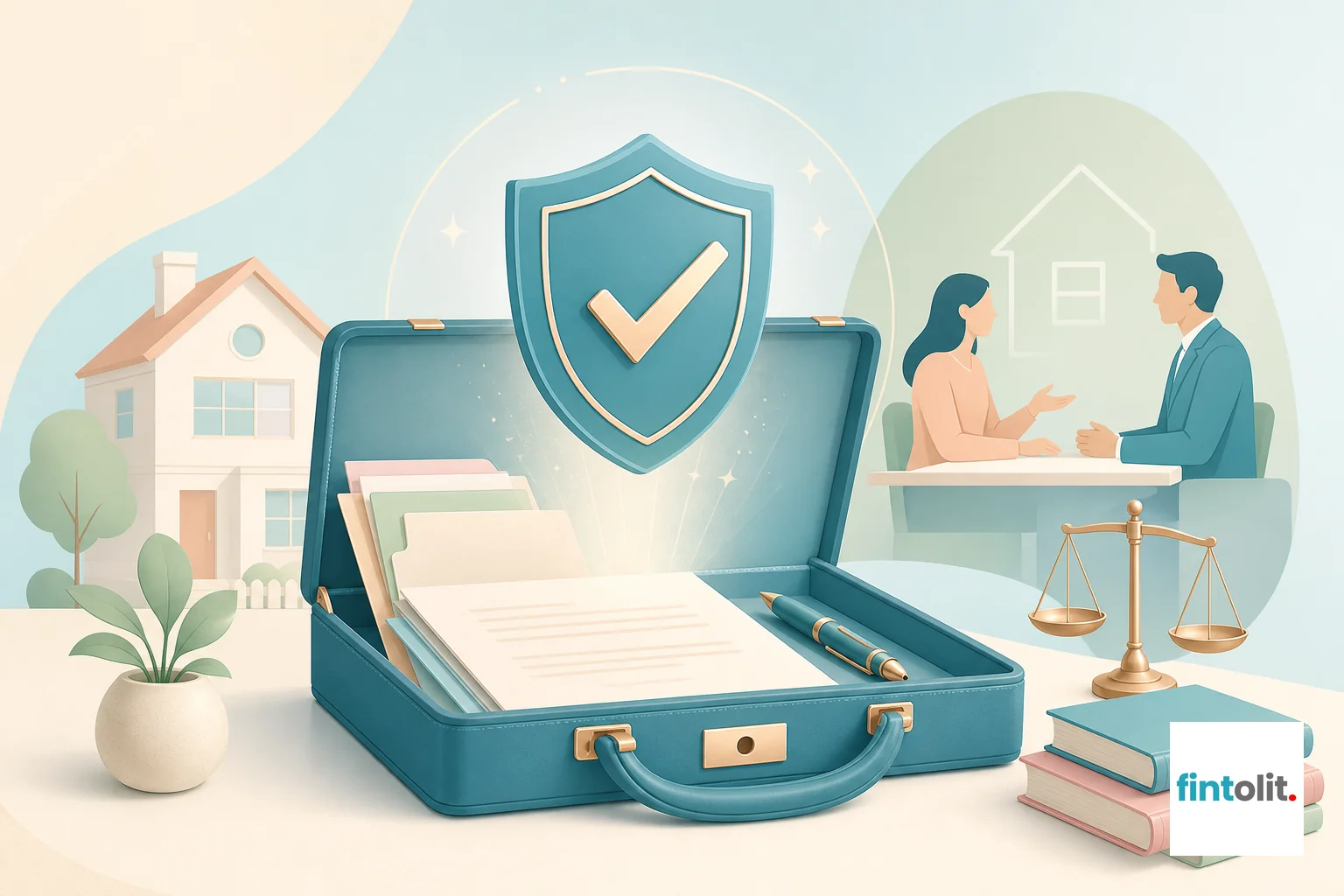 Verified trust seal illustration representing verified lawyer credibility for property disputes. Illustrate a professional badge or checkmark symbol emerging from or floating above an open briefcase or document folder, symbolising a