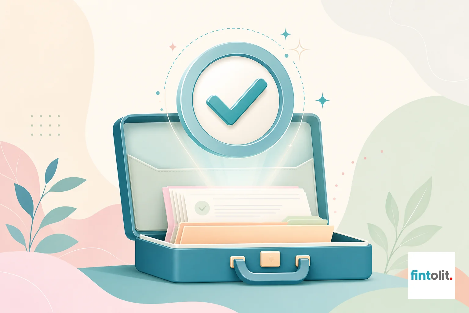 Illustrate a professional badge or checkmark symbol emerging from or floating above an open briefcase or document folder. The style is modern and minimal, with clean lines. Include subtle detail suggesting verification or approval, but