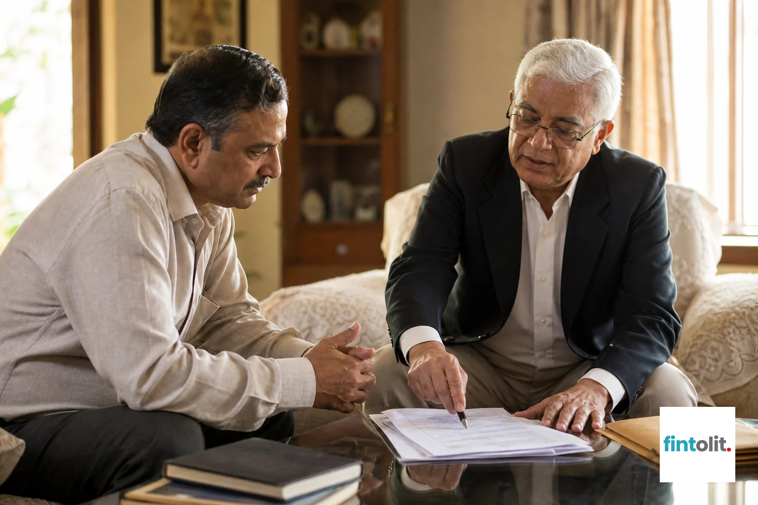 A senior lawyer visiting a client at home to discuss a sensitive family or property matter. Photograph a senior lawyer seated at a client's dining table in their home, reviewing documents together. The client sits across, leaning forward