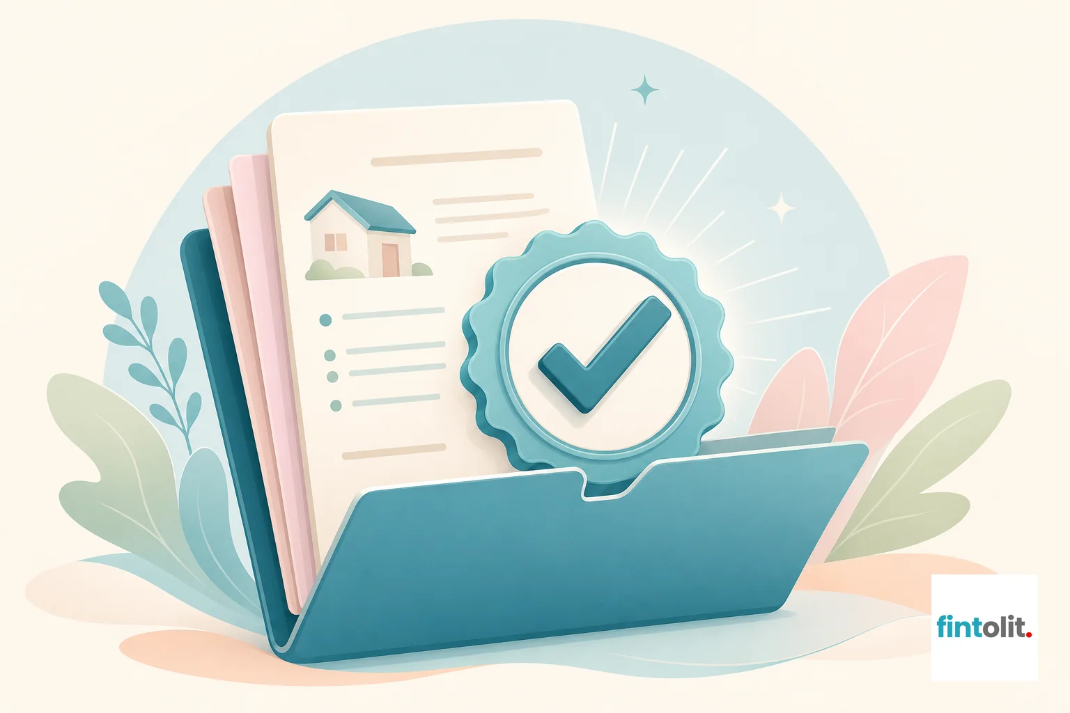 Illustration of a verification badge over a document folder representing a lawyer's checklist review. Verified Trust Seal: Illustrate a professional badge or checkmark symbol emerging from an open document folder representing a rent