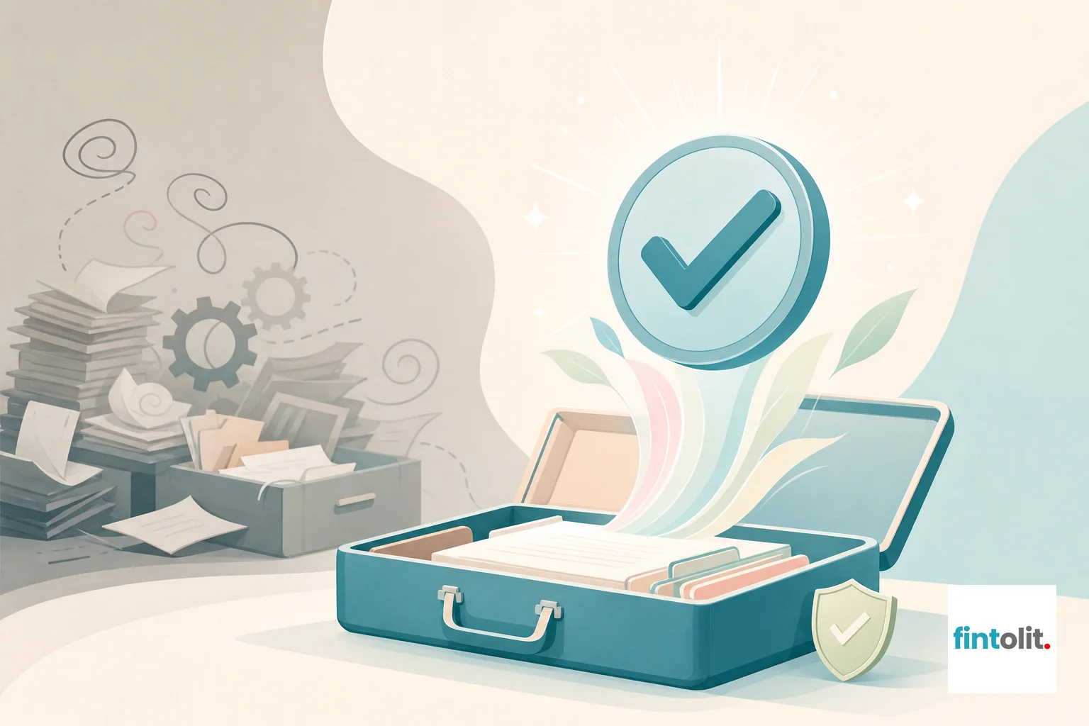 Trust seal illustration representing verified, credible legal support versus an unreliable internal process. Illustrate a professional badge or checkmark symbol emerging from or floating above an open briefcase or document folder. The style