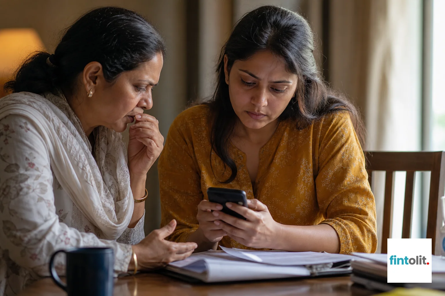 A senior lawyer reviewing documents with a client at their home dining table, helping organize evidence. Photograph a senior lawyer seated at a client's dining table in their home, reviewing documents together. The client sits across