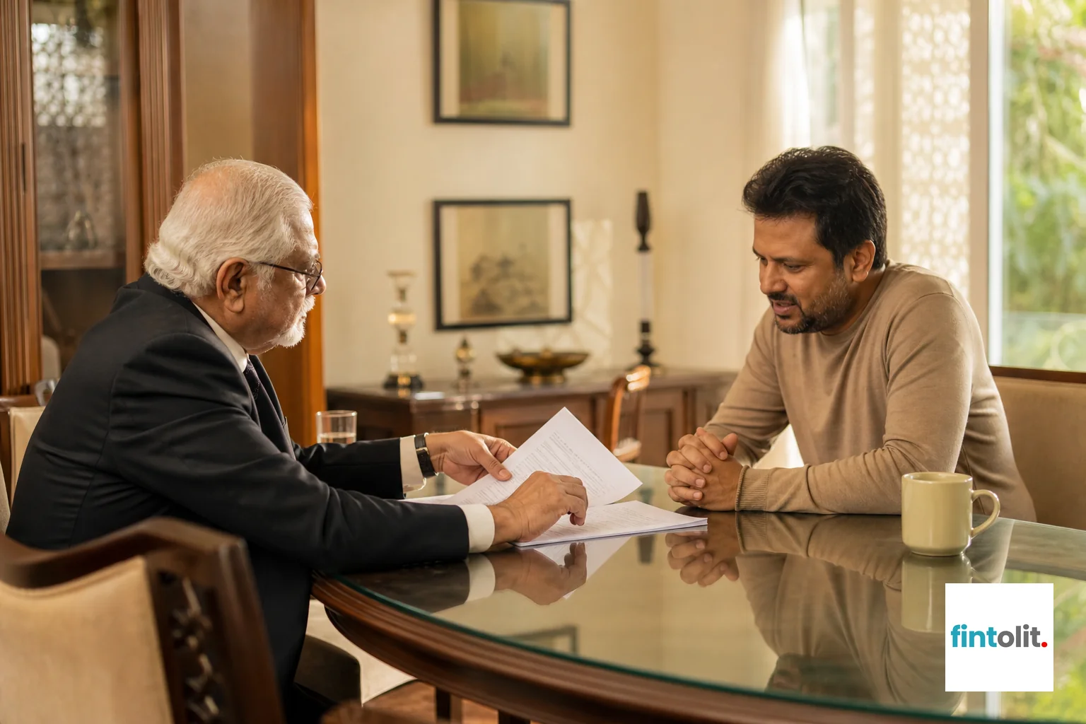 Senior lawyer reviewing case documents with client at home. Photograph a senior lawyer seated at a client's dining table in their home, reviewing documents together. The client sits across, leaning forward with visible relief. Morning light