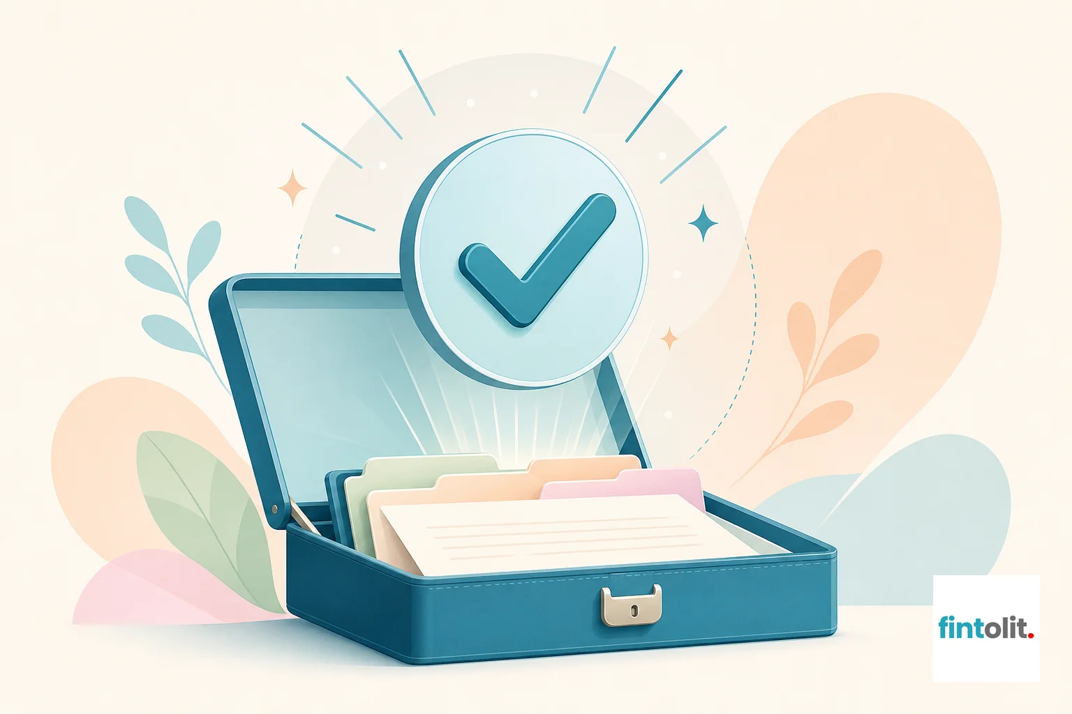 Illustrate a professional badge or checkmark symbol emerging from or floating above an open briefcase or document folder. The style is modern and minimal, with clean lines. Include subtle detail suggesting verification or approval, but