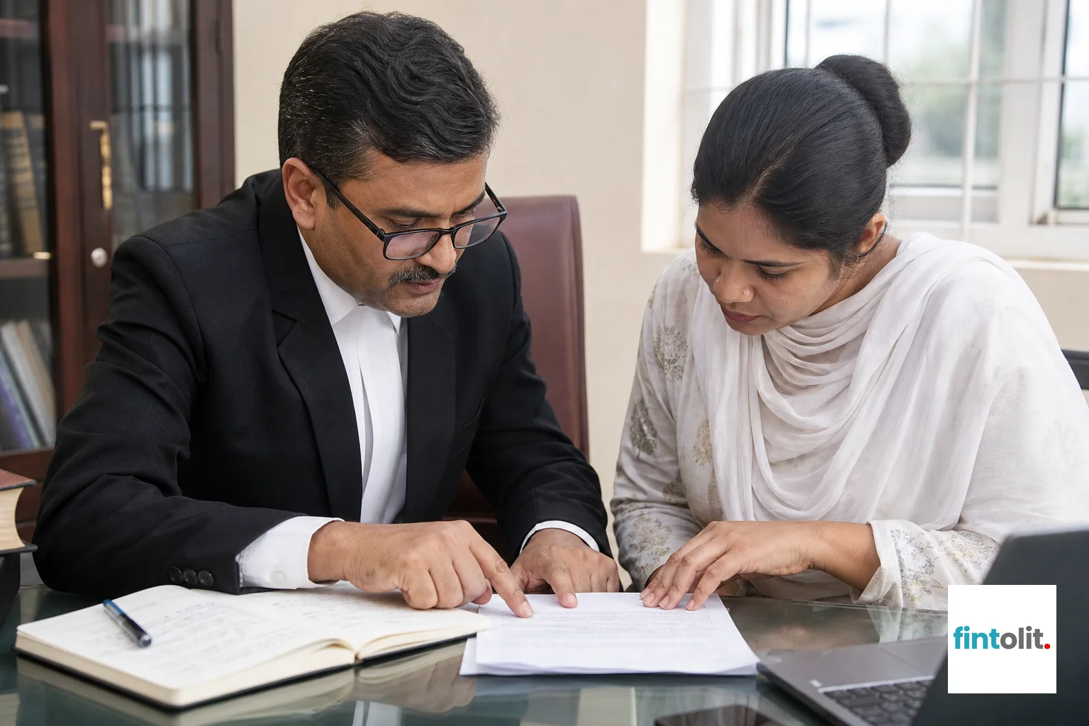Close-up of a person and a lawyer reviewing a drafted notice reply together on a laptop. Natural close-up photography of people of Indian appearance concentrating on an everyday professional moment, laptops or notes nearby with screens