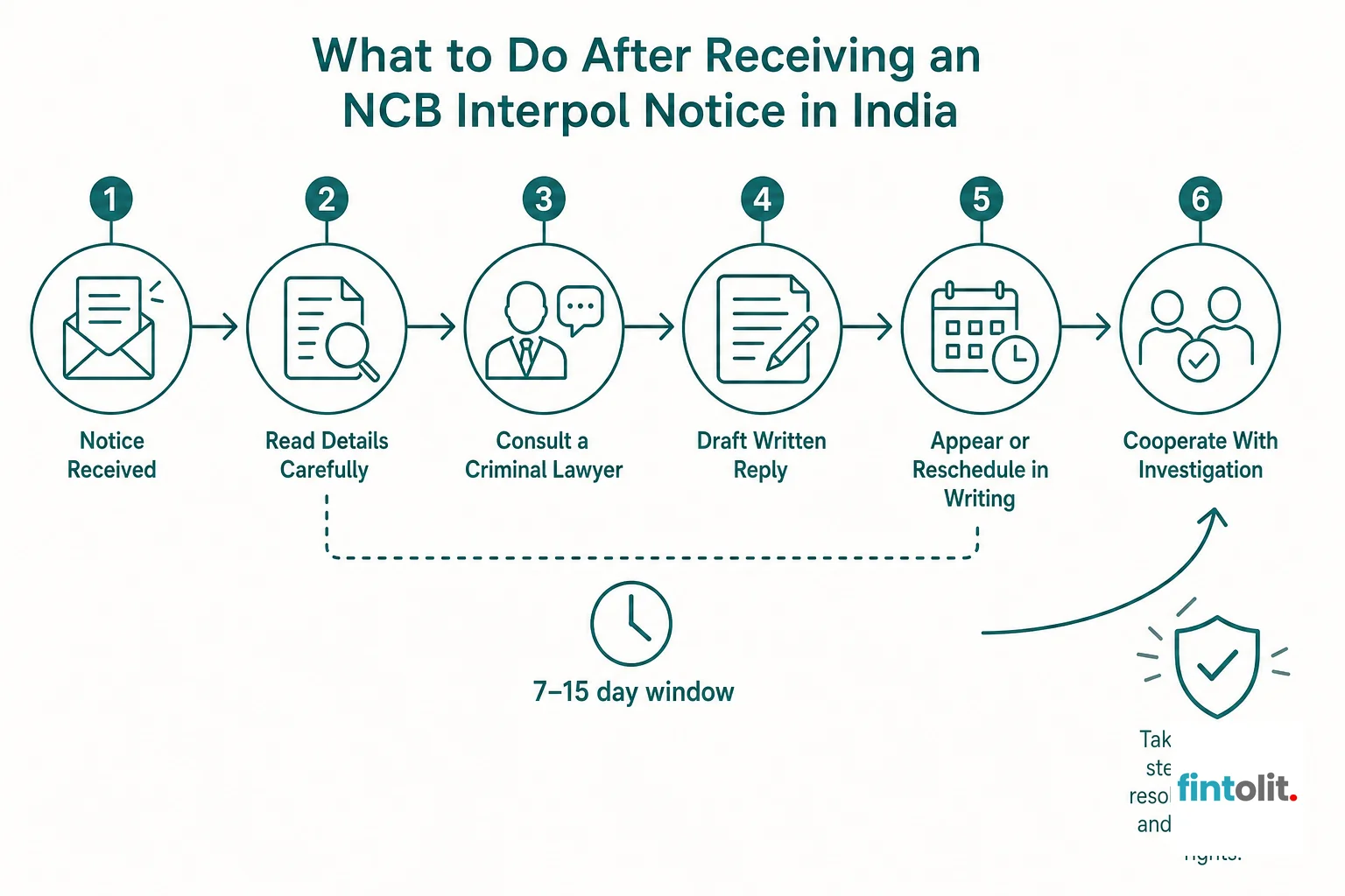 Flowchart of the section 41A notice reply process steps and timeline. Minimal flat process-diagram style with simple icons and clear labels at each stage, the steps and their names drawn from the article's own content: Notice Received, Read