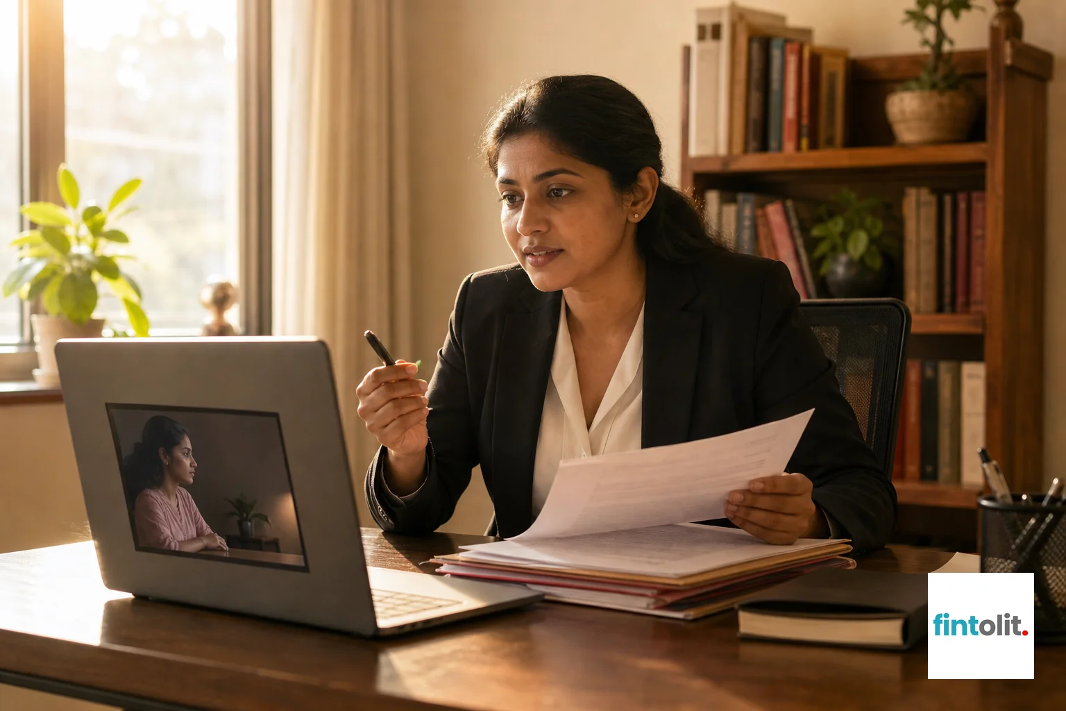 A case manager helping a client prepare documents for a virtual hearing. Candid documentary photography of a legal case manager of Indian appearance reviewing documents with a client over a video call setup on a table, warm morning light