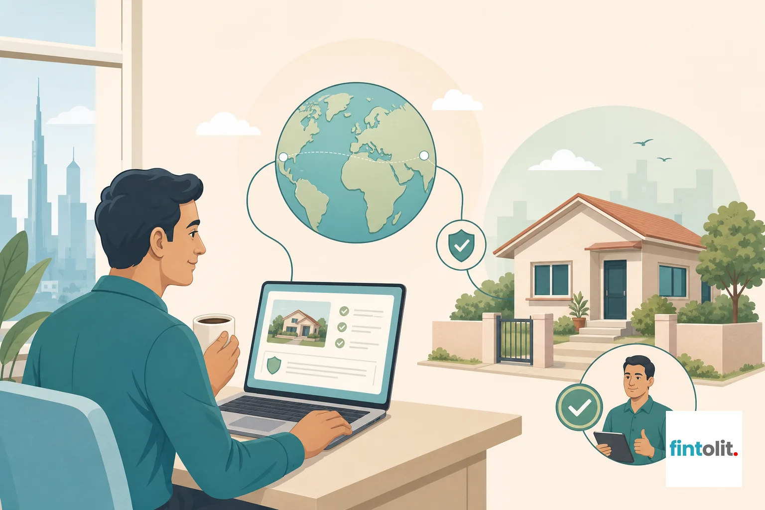 Symbolic illustration of trust and remote legal representation for NRIs handling property matters from abroad. Modern minimal illustration style with clean lines showing a symbolic globe connected by a thin line to a small house icon