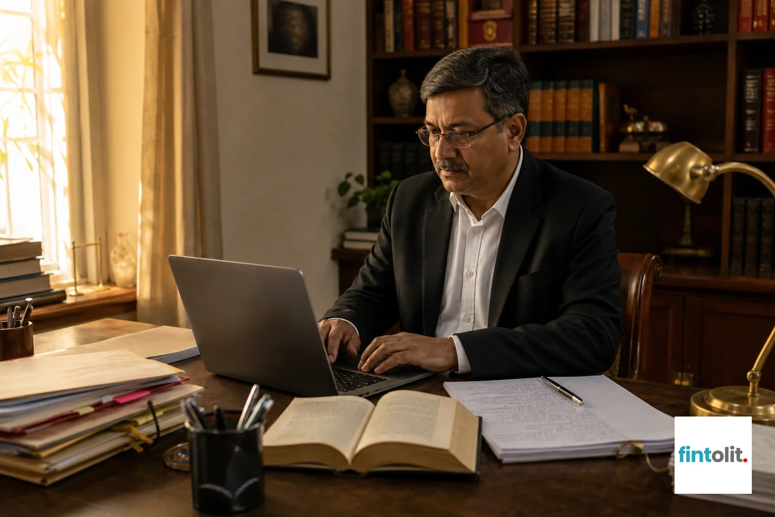 A lawyer at a desk drafting a legal petition with case files and law books. Lawyer at Home: Candid documentary photograph of an experienced Indian lawyer at a home-office desk in the morning, drafting on a laptop with printed case files, a