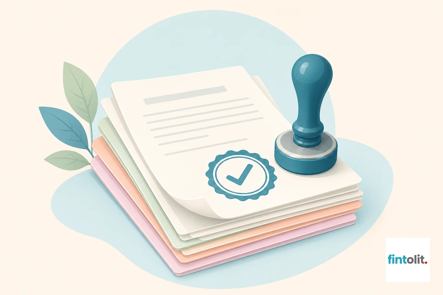 Verified Trust Seal style: modern minimal illustration with clean lines, a single focal element of a stack of documents with a stamp/seal symbol suggesting notarisation and verification, no readable text, confident and assured mood, using