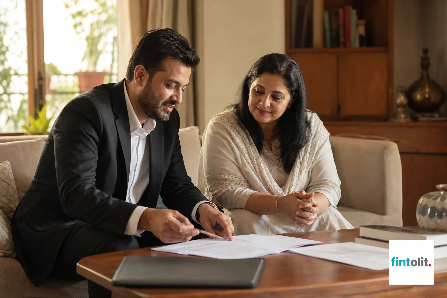 Lawyer at Home style: candid documentary photography of a lawyer and a family member seated together in a warm living room in Delhi NCR, papers spread on a table, mid-conversation, soft natural morning light, warm golden tones, reassuring