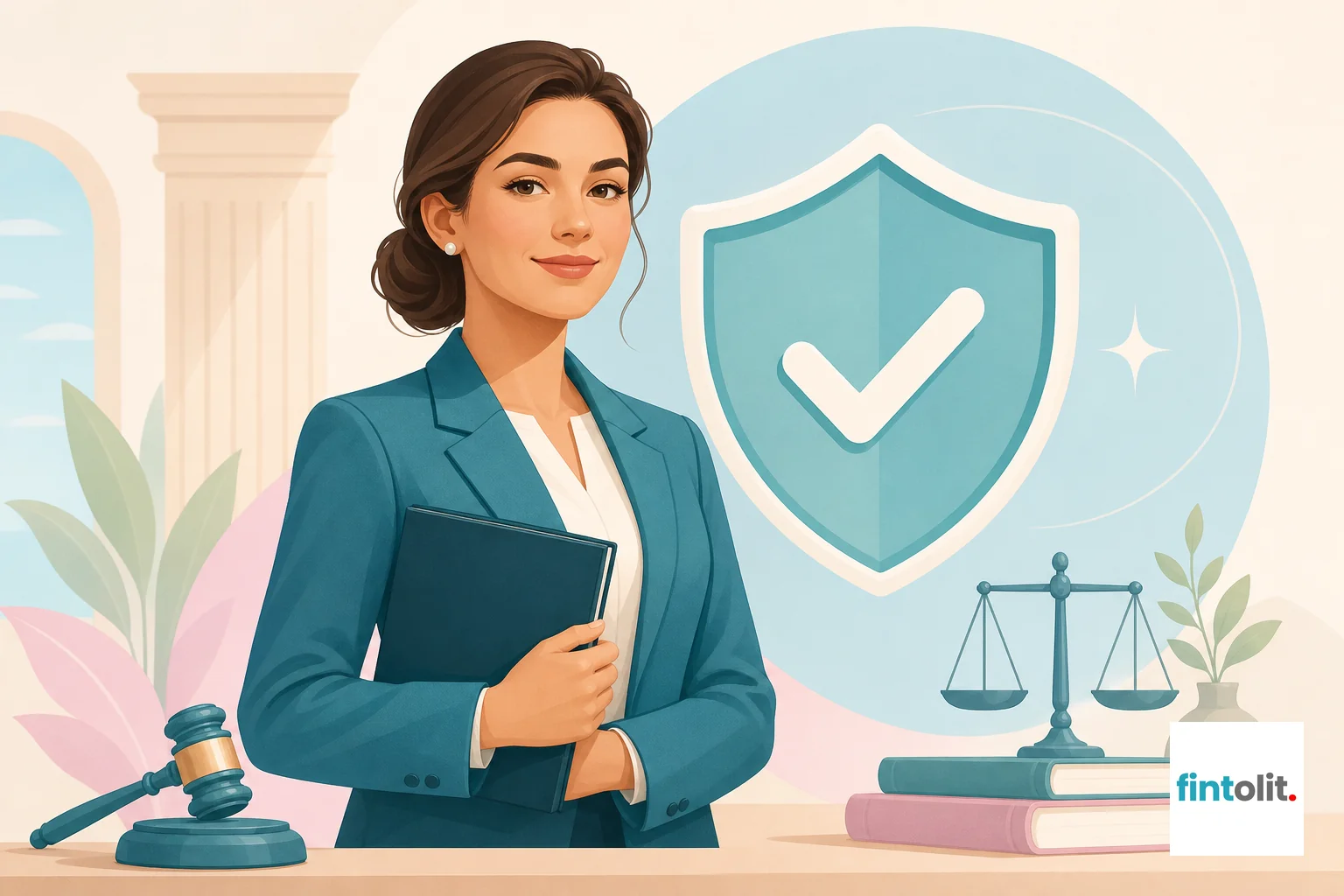 Symbolic illustration of a verified lawyer profile giving trust and confidence to a defendant. Modern minimal illustration with clean lines and one clear symbolic focal element: a shield with a checkmark representing a verified lawyer