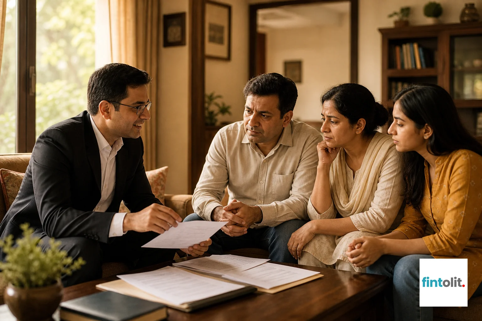 Family member receiving reassurance and legal help at home in Delhi NCR. Lawyer at Home style: candid documentary photograph of a lawyer sitting with a worried family in their living room in Delhi NCR, papers spread on a coffee table, warm