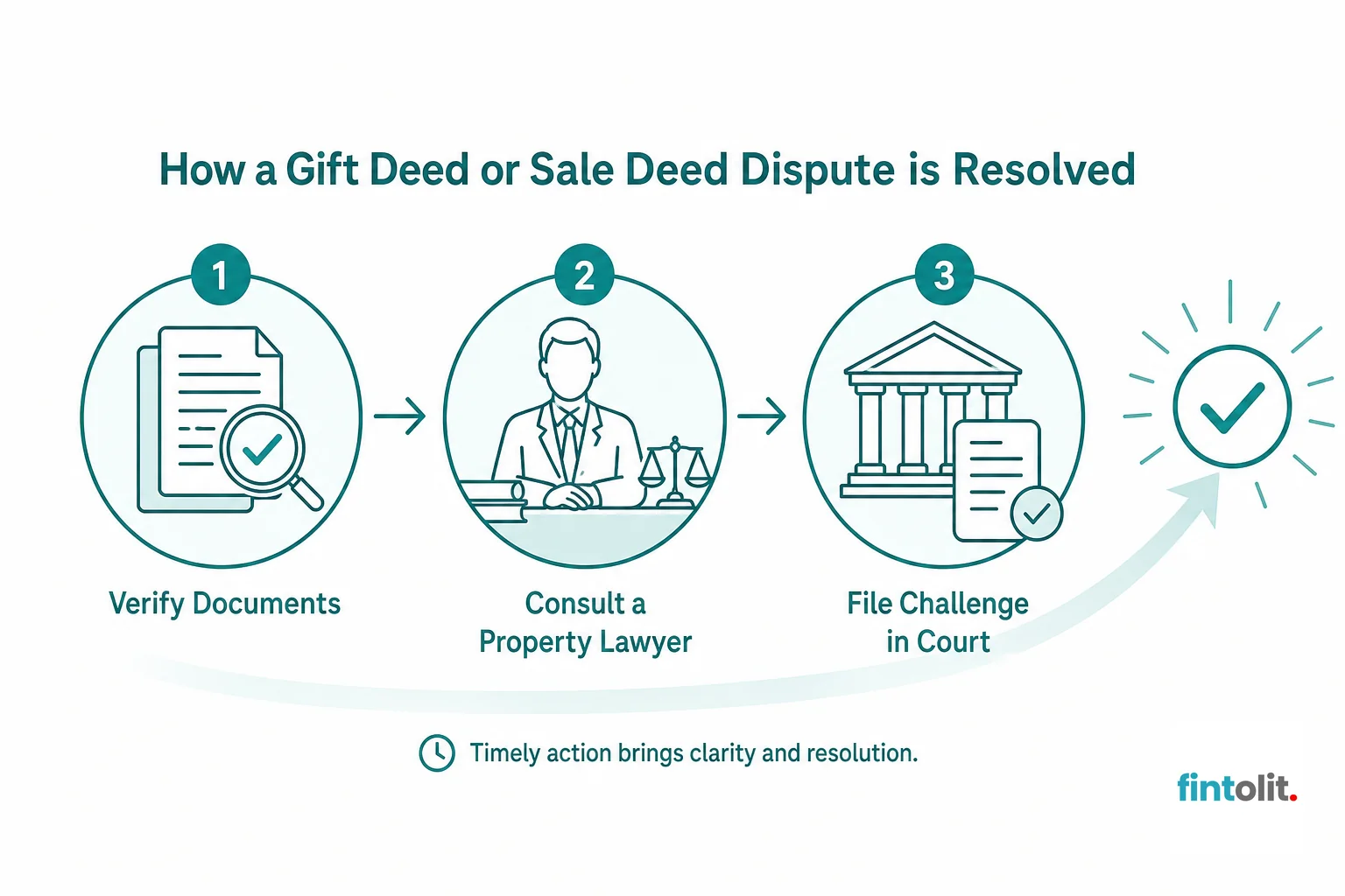 Process diagram showing steps to challenge or verify a property deed. Minimal flat process-diagram style with simple icons and clear labels at each stage, the steps and their names drawn from the article's own content. A small clock or