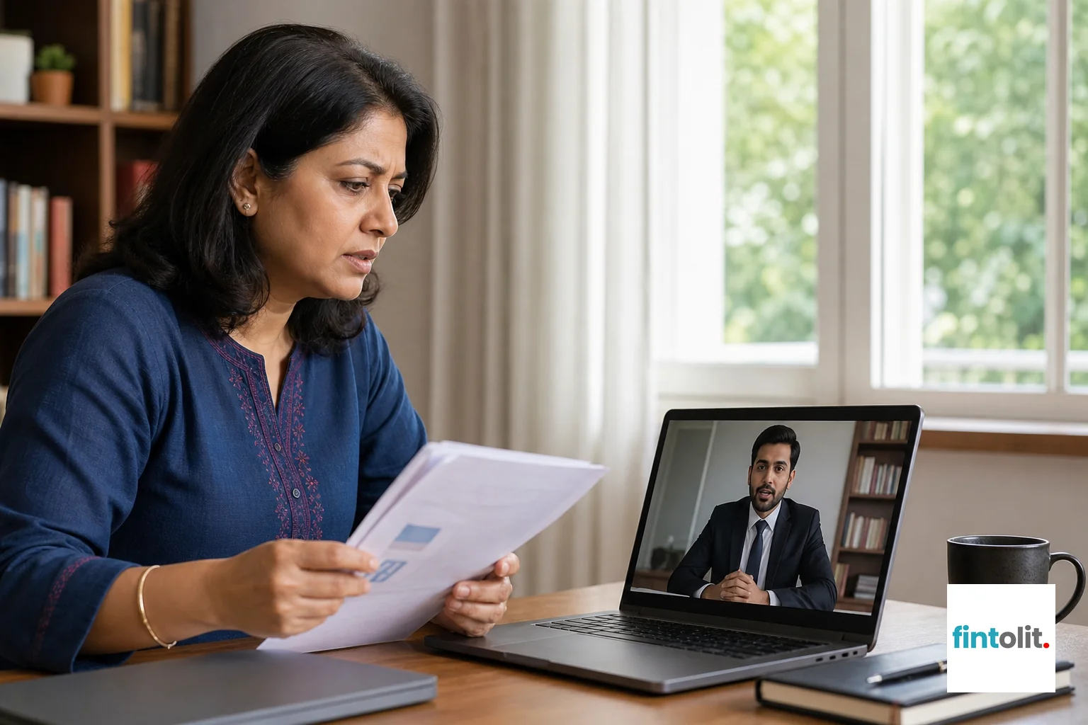 Client in consultation discussing property deed options with a verified lawyer. Natural close-up photography of people of Indian appearance concentrating on an everyday professional moment, laptops or notes nearby with screens visible but