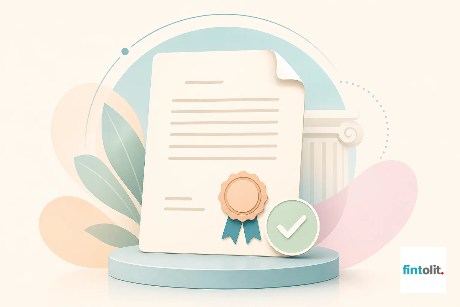 Symbolic illustration of a verified legal document being prepared correctly. Modern minimal illustration style with clean lines, one clear symbolic focal element: a document with a seal and a small checkmark badge suggesting verification