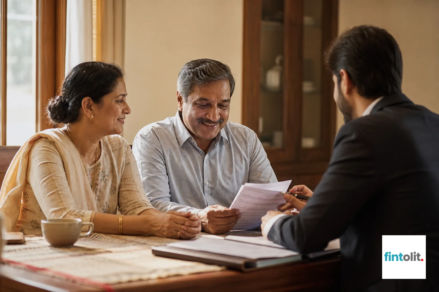 Candid documentary photography of a middle-aged Indian couple at their dining table reviewing paperwork with a visiting lawyer, warm morning light from a window, mid-distance framing showing both people and setting, reassuring relieved