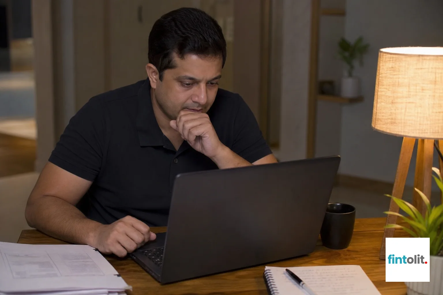 Person abroad using laptop to access Indian land record portal late at night. Natural close-up photography of a person of Indian appearance concentrating on a laptop screen at night, checking property records, notes and a printed property