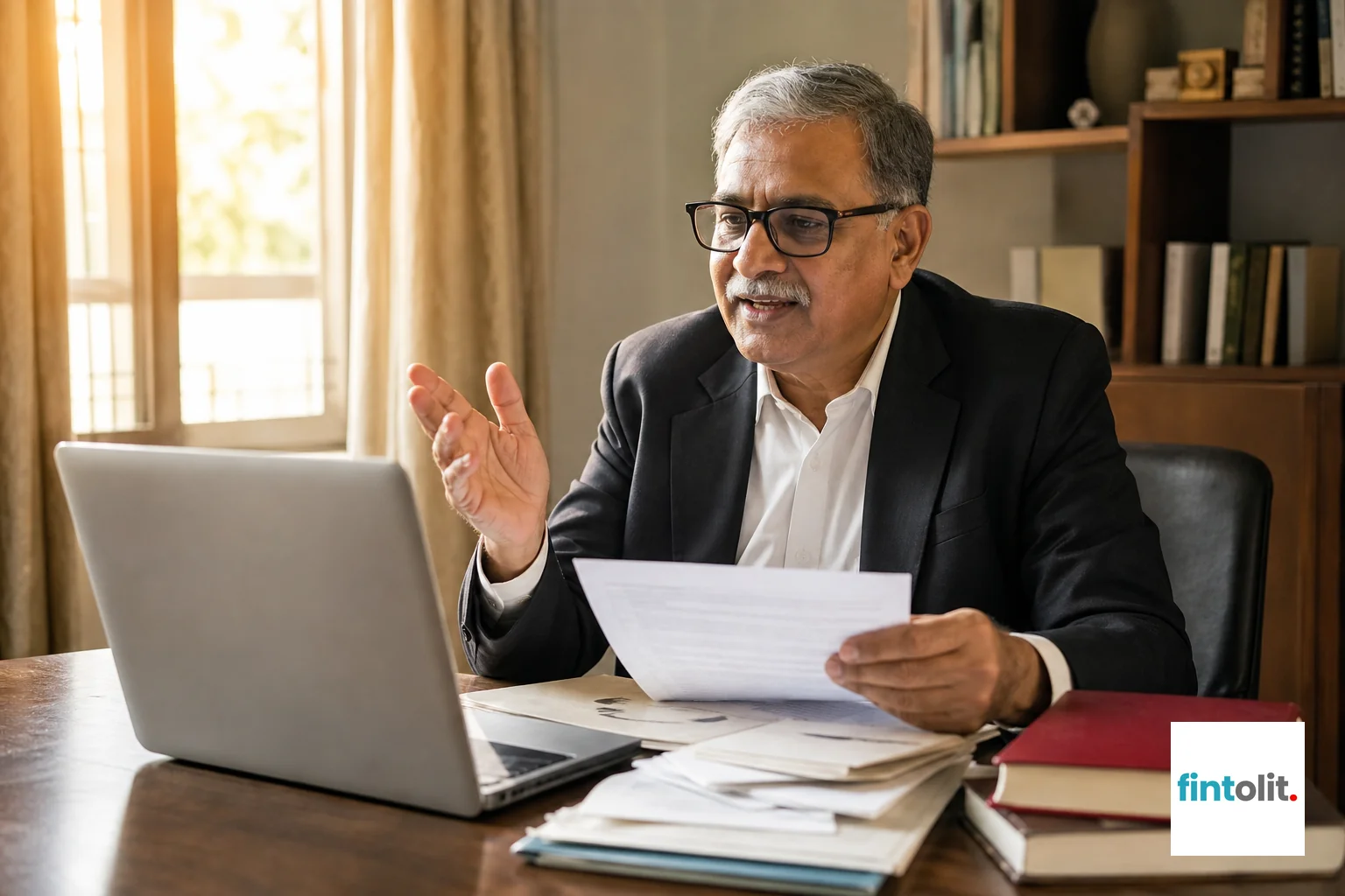 Lawyer explaining verified property documents to an overseas client during a video consultation. Candid documentary photography of a senior Indian lawyer sitting at a home-style desk with property documents spread out, talking into a laptop